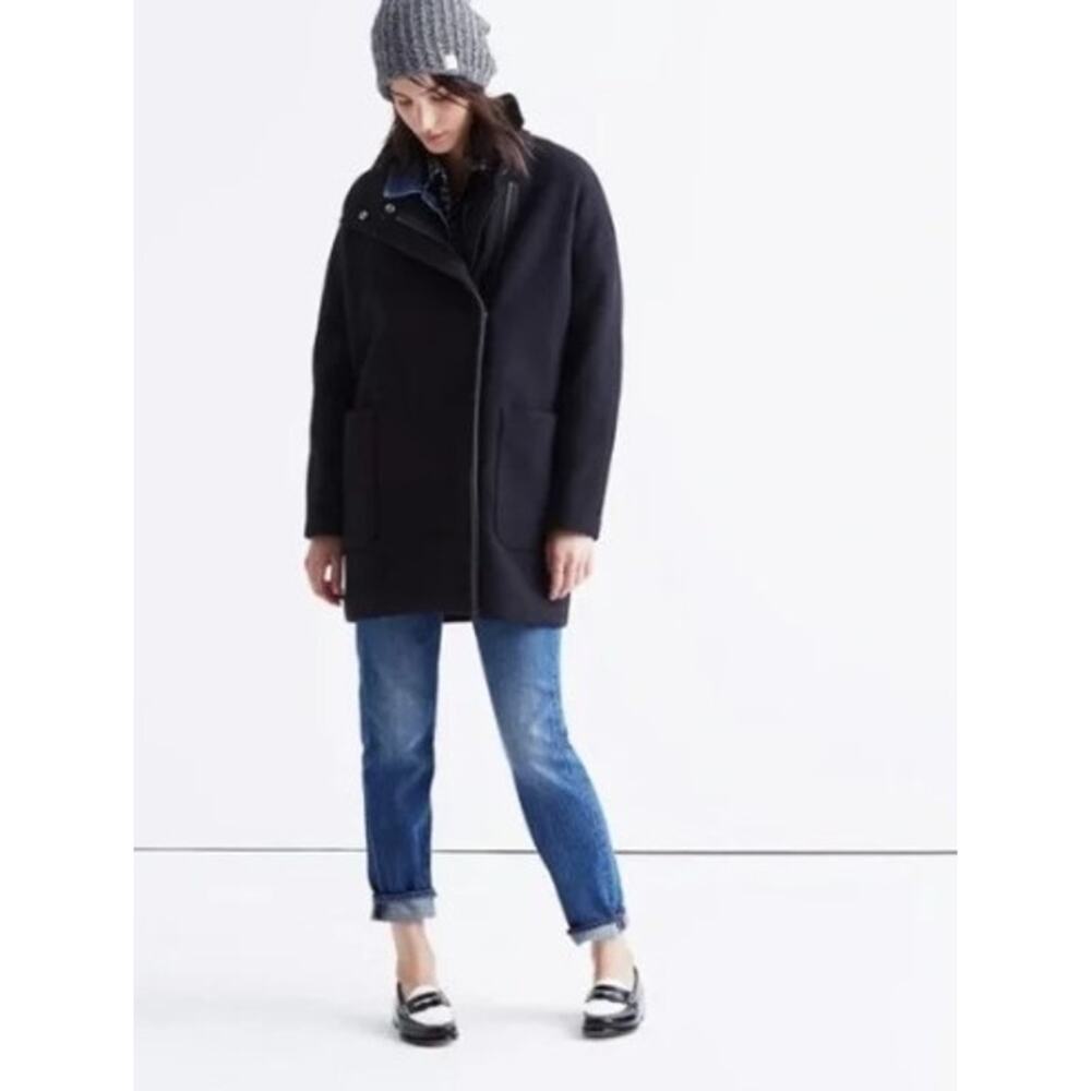 EUC Madewell Women’s City Grid Cocoon Overcoat Black Wool Blend Jacket Size 0